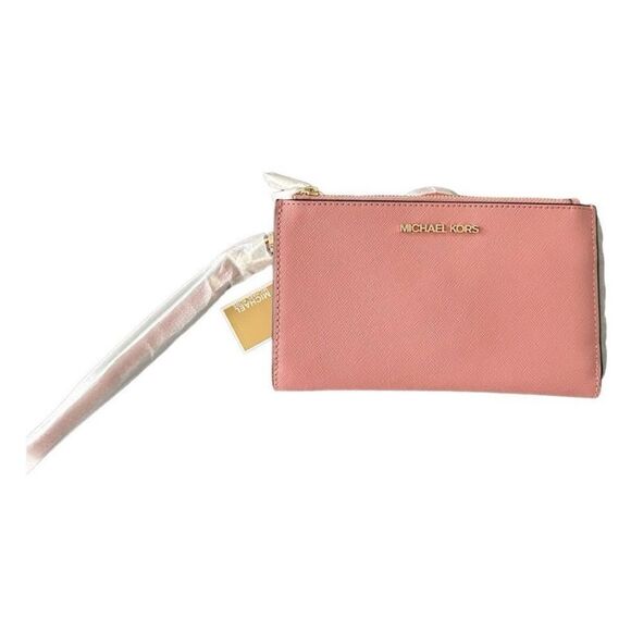 Michael Kors Pink Primrose Jersey Travel Large Double Zip Wristlet Leather - Picture 2 of 8